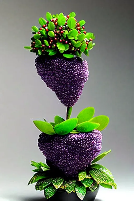 Prompt: crystals shaped like exotic berry shrubbery, potted plant made of gemstones