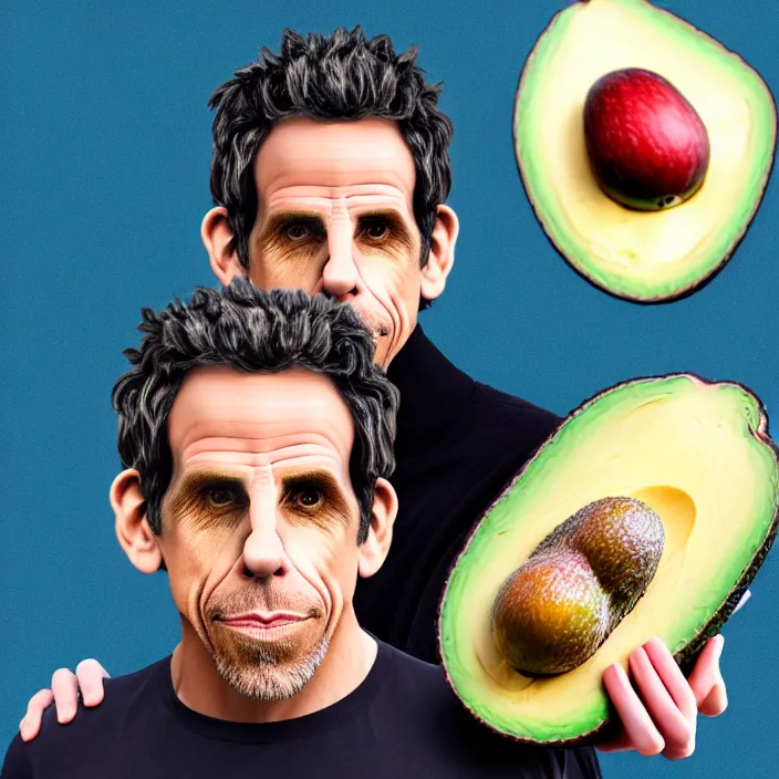 Image similar to ultra realistic illustration of ben stiller in the shape of an a ocado, in the lotus position meditating with closed eyes, balancing stack of avocado