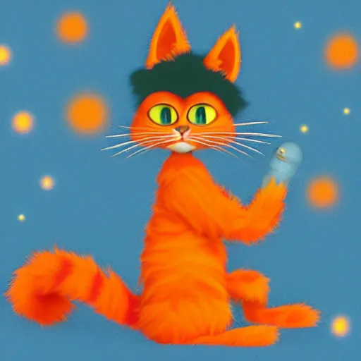 Prompt: A fuzzy orange cat sitting on planet earth, space with stars in the background, trending on artstation, 3D animation, in the style of Dr. Seuss