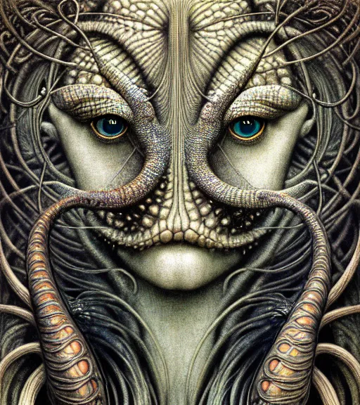 Prompt: detailed realistic beautiful chameleon goddess face portrait by jean delville, gustave dore, iris van herpen and marco mazzoni, art forms of nature by ernst haeckel, art nouveau, symbolist, visionary, gothic, neo - gothic, pre - raphaelite, fractal lace, intricate alien botanicals, biodiversity, surreality, hyperdetailed ultrasharp octane render