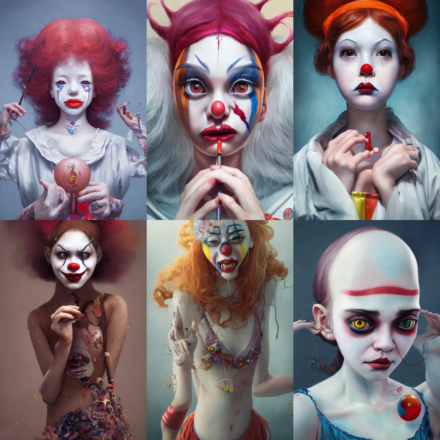 Image similar to breathtaking detailed painting of clown girl , with anxious, piercing eyes, Atari game cover art by Hsiao-Ron Cheng, James jean, Miho Hirano, Hayao Miyazaki, extremely moody lighting, hyperrealistic, octane render, RPG portrait, ambient light, dynamic lighting