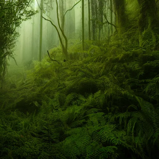 Prompt: a cinematographic wide shot of a lush and dense forest with anthropogenic moss, vines and ferns, dusk light filtering from the trees below. The scene is apocalyptic, eerie but serene, volumetric, 8k, high resolution