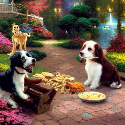 Prompt: thomas kinkade dogs eating food