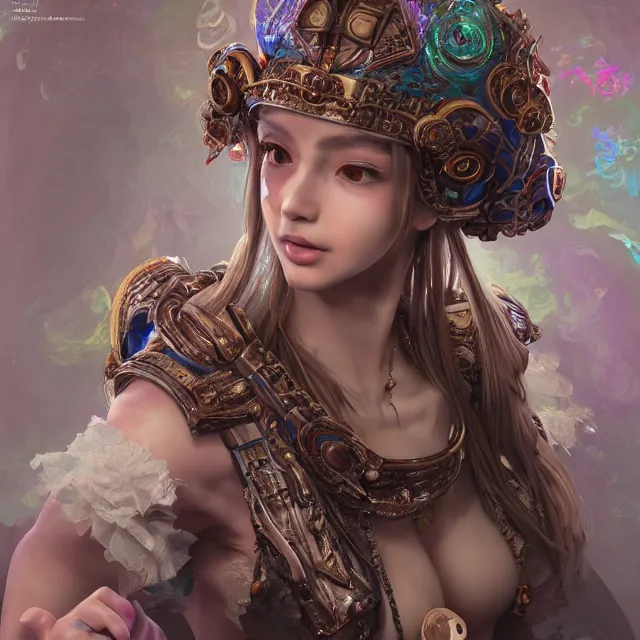 Prompt: studio portrait of neutral good rainbow colorful female cleric bard healer as absurdly beautiful, elegant, realistic young gravure idol, an ultrafine hyperdetailed illustration by kim jung gi, irakli nadar, intricate linework, detailed faces, super sharp focus, bright colors, octopath traveler, unreal engine 5 highly rendered, global illumination, radiant light