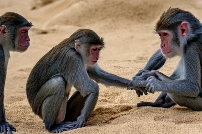 Image similar to full view of monkeys touching a castle made of sand