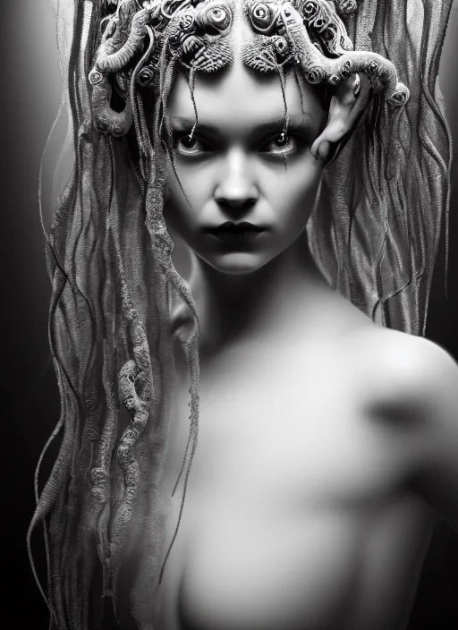 Prompt: surreal mythical dreamy dark artistic black and white fine art photo of a beautiful young female angel - medusa - mermaid - cyborg covered with translucent algae, highly detailed, lace web, rim light, cinematic, studio dramatic light, poetic, octane render, 8 k, photo - realistic, by floria sigismondi