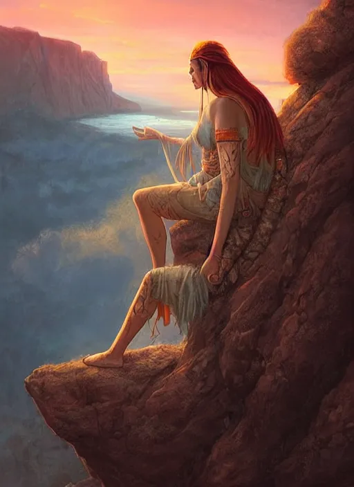 Prompt: an shaman sitting at the top of a cliff, looking down at the valley, doing a vision quest, beautiful sunset, art by charlie bowater