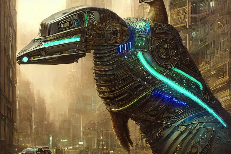 Image similar to A solarpunk very highly detailed cybertronic Goose with very highly detailed face on the street of a very highly detailed solarpunk sci-fi city digital rational painting art by Greg Rutkowski, sci-fi highly detailed, digital concept art, Dimensional cyan gold natural light, sharp focus, Golden Ratio illustration, realistic concept art by Stephen Hickman and James Gurney and Hiromasa Ogura Ghost in the Shell rendered in Octane Render, From the distance