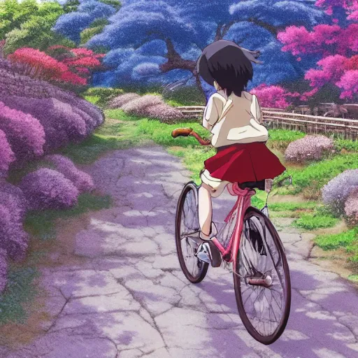 Image similar to anime girl riding bicycle in highly detailed japanese countryside, studio ghibli style, by hayao miyazaki, sharp focus, desaturated, highly detailed, 4k