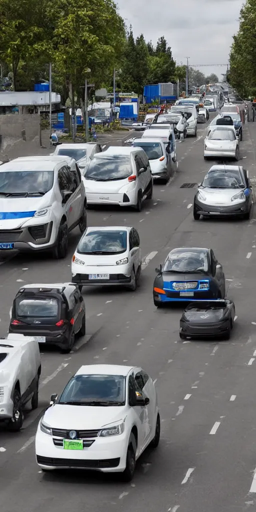 Prompt: ternary lithium battery vehicles and hydrogen fuel cell vehicles running on urban roads.