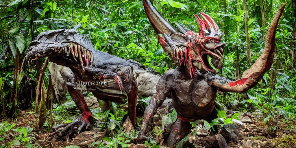 Image similar to yautja predator in sri lankan jungle, next to a river, extremely high fidelity