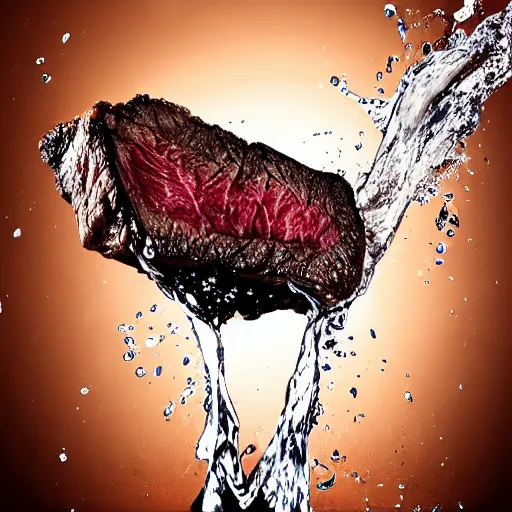 Image similar to a steak splashing into a pitcher of water, food photography gourmet, trendy food, macro photography, high contrast, slow - mo high speed photography