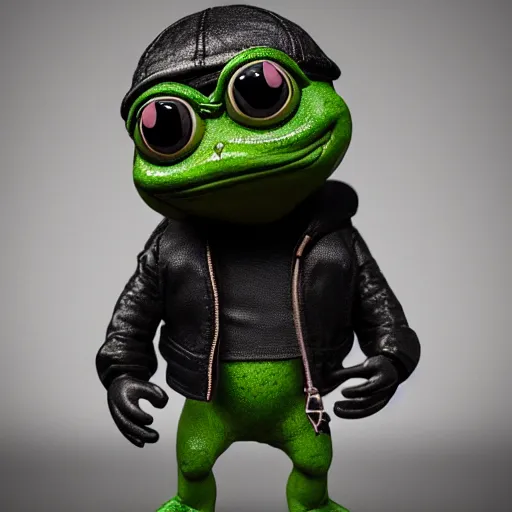 Prompt: perfectly accurate miniature figure of pepe the frog wearing jeans and a black leather jacket, soft textures, skin texture, clothing, 3d sculpture, textured, fine detail, lifelike, photo, high resolution, octane render, post processing, after effects, trending on artstation