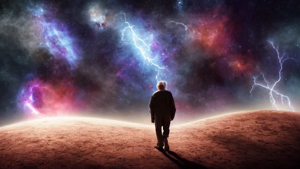 Image similar to an elderly man walking on a planet. close bottom view. whole body. nebula background. cinematic composition. cinematic lightning. ultra realistic. 8 k. highly detailled. deep space. ultra realistic details. cinematic atmosphere. studio lighting. shadows. dark background.