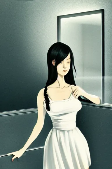 Prompt: mysterious girl with her long black hair dressed in a simple white dress, anime art style, digital art by ilya kuvshinov, inspired by balthus, hd, 4 k, hyper detailed, rear view