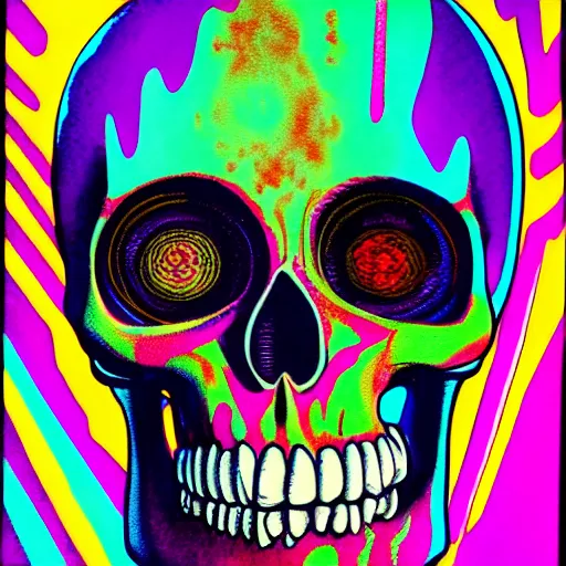 Image similar to portrait of skull, trippy, glitch, paint dripping, miyazaki style, exaggerated accents