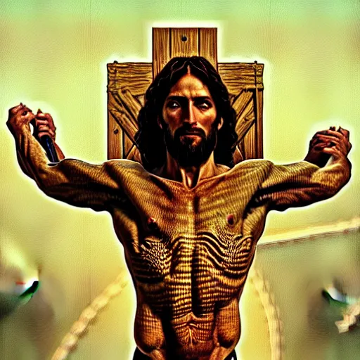 Prompt: dynamic action pose, portrait of jesus christ as a scaly cold blooded reptilian lizard crucified, intricate, lizard head, lizard head, humorous, holy cross, religious, absurd, highly detailed, digital painting, artstation, concept art, smooth, sharp focus, illustration, art by artgerm and greg rutkowski and alphonse mucha