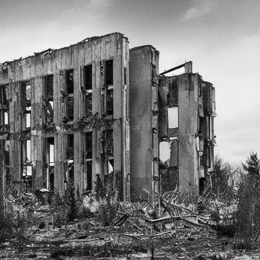 Prompt: a brutalist ruin, abandonned building in the forest in russia, building facing, reflections, broken windows, collapsed walls, symmetry, highly detailed, golden ratio, black and white color scheme, etching render