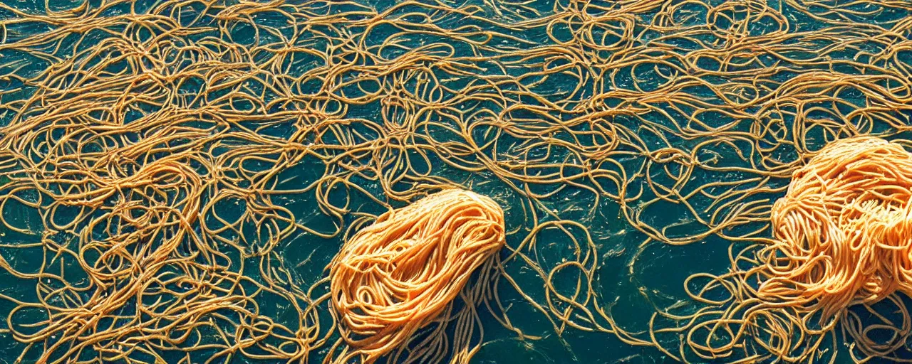 Prompt: spaghetti floating on the surface of the ocean, fisherman in the background, small details, intricate, sharply focused, canon 5 0 mm, wes anderson film, kodachrome