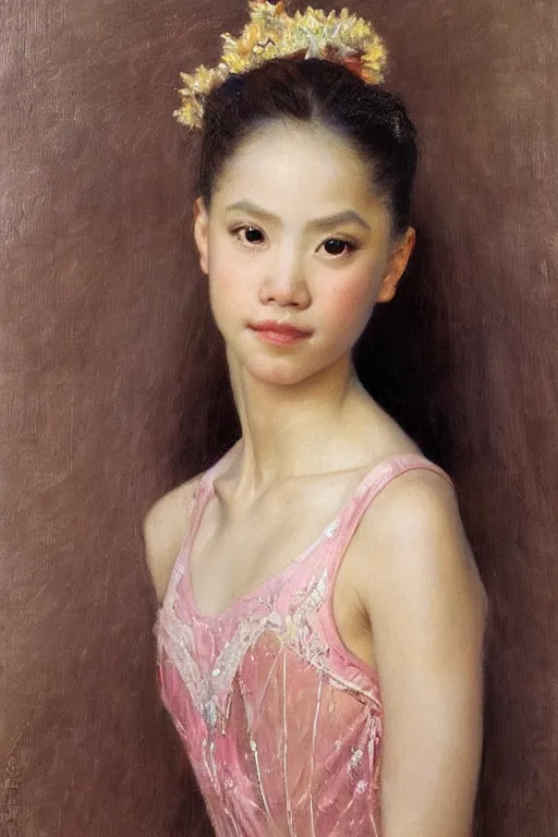 Image similar to portrait of a gorgeous graceful young filipina prima ballerina, by donato giancola and berthold woltze.