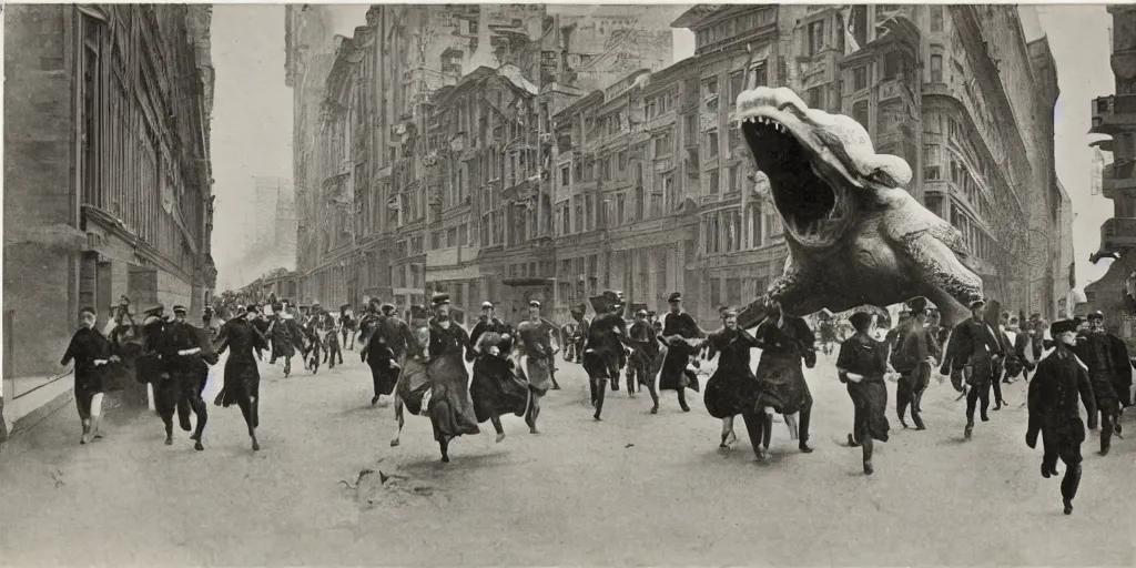 Image similar to a few people run from a luxury building as cameraman points at large flying monster, 1 9 0 0 s photograph