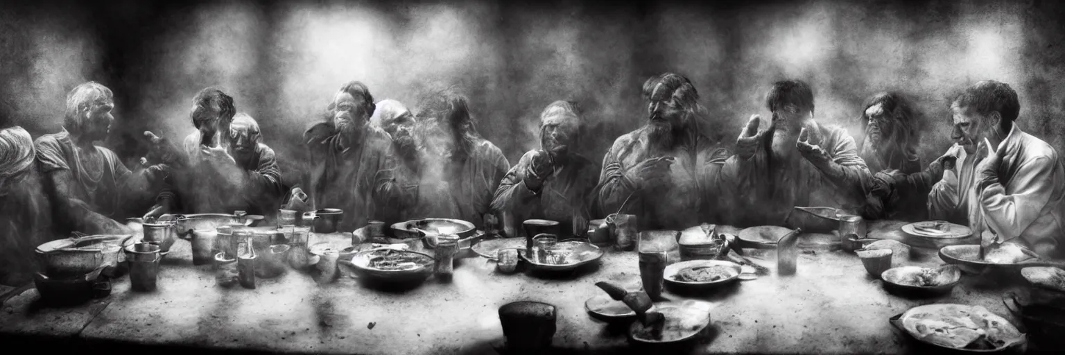 Prompt: Award Winning Editorial 84° wide-angle picture of a Tramps in a Soup Kitchen by David Bailey and Lee Jeffries, called 'The Last Supper', 85mm ND 5, perfect lighting, gelatin silver process