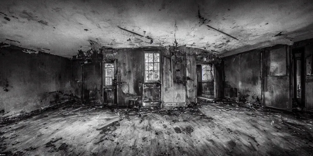 Image similar to a very dark room at night in a derelict house with no windows lit only by candlelight, black and white, grungy