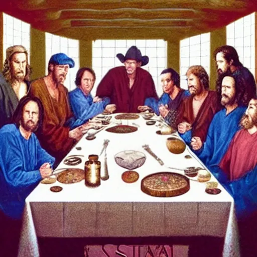 Prompt: The last supper, George strait, Alan Jackson, Randy Travis, renaissance, 4K