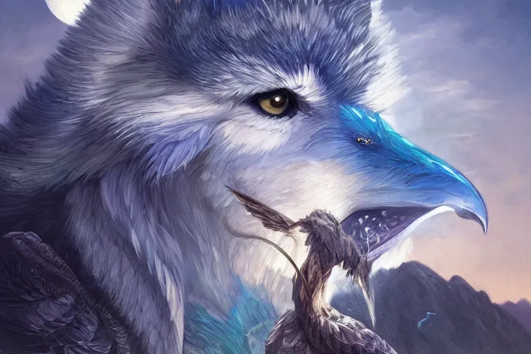 Image similar to Blue feathered wolf with wings on a beautiful fantasy landscape, hills, mountains, moonlit, HD, illustration, epic, D&D, fantasy, intricate, elegant, highly detailed, digital painting, artstation, concept art, smooth, sharp focus, illustration, art by artgerm and greg rutkowski and alphonse mucha