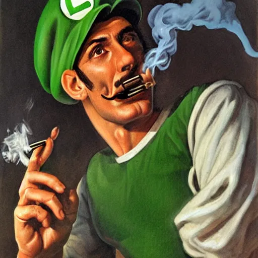 Image similar to Luigi smoking joint, artwork by Earl Norem,