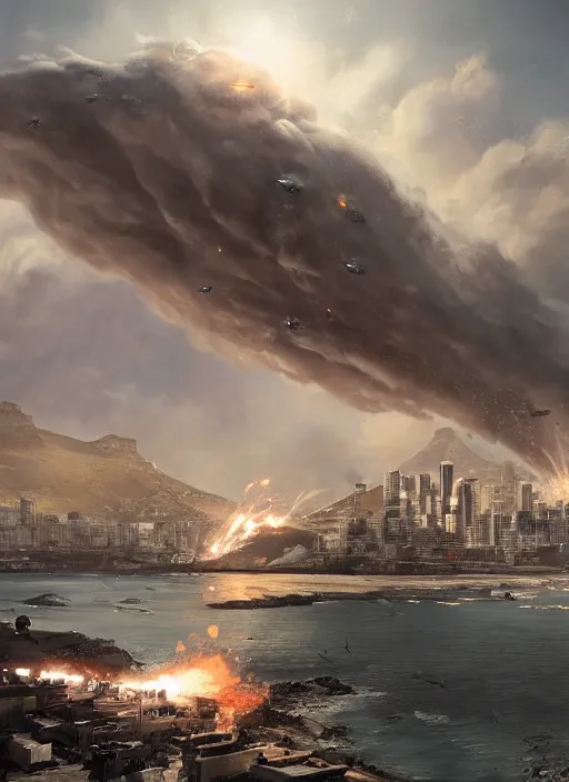 Image similar to hyper realistic squid robot attacking cape town city, table mountain explosions, atmospheric beautiful details, strong composition painted by kim jung giu weta studio rutkowski, james gurney and greg rutkowski, and lucasfilm