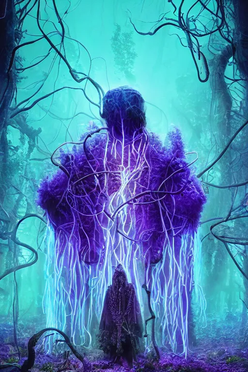 Prompt: mysterious Shaman of the Purple Forest, neon light blue cloak, mycelium, fungi, vines, symmetrical features, illusion, magical realism, ultradetailed, volumetric lighting, 4k UHD, film poster.