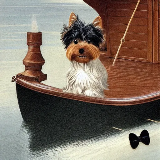 Prompt: a Yorkshire terrier on a boat wearing a black bow tie, extremely detailed masterpiece, illustration, by Michael Sowa,