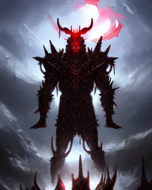 Prompt: concept art for a massive futurstic god like warrior, large spikes on armor, small red dot as eyes, deep brown and red glow, obsidian black, sitting above the clouds looming over a small pond with people looking up | | epic - fine - clean, polished, trending on artstation, brush strokes