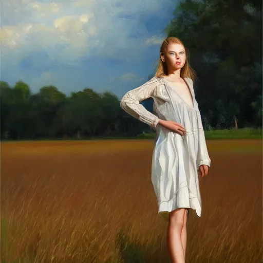 Image similar to a vogue model in a field, oil painting, pale colors, high detail, 8 k, wide angle, trending on artstation,