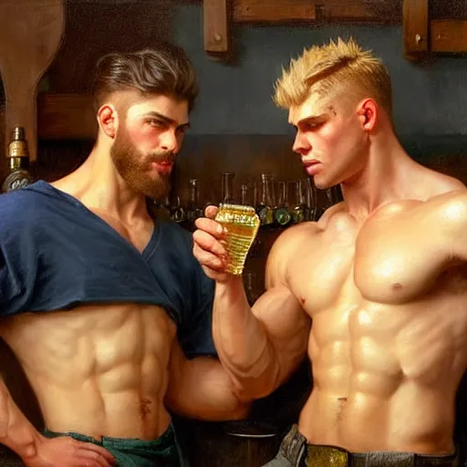 Image similar to attractive muscular male with brunet hair and attractive muscular male with blond hair. pants and shorts, drinking their hearts out, in a pub. highly detailed and very defined painting by j. c. leyendecker, gaston bussiere, craig mullins 8 k