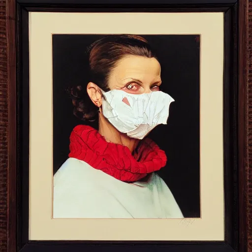 Prompt: Frontal portrait of a woman wearing a white mask and a red turtleneck. Painting by Norman Rockwell.