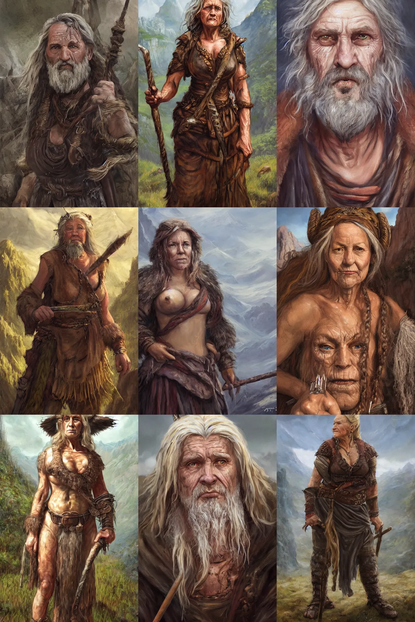 Prompt: a full body high detail fantasy portrait oil painting illustration of amber herd as a single old rugged stoic barbarian woman by Justin Sweet with face and body clearly visible, in a scenic background, pupils visible, realistic proportions, d&d, rpg, forgotten realms, artstation trending, high quality, sombre mood, artstation trending, muted colours, no crop, entire person visible!, natural light, Adobe Photoshop, Adobe Lightroom, photolab, Affinity Photo,