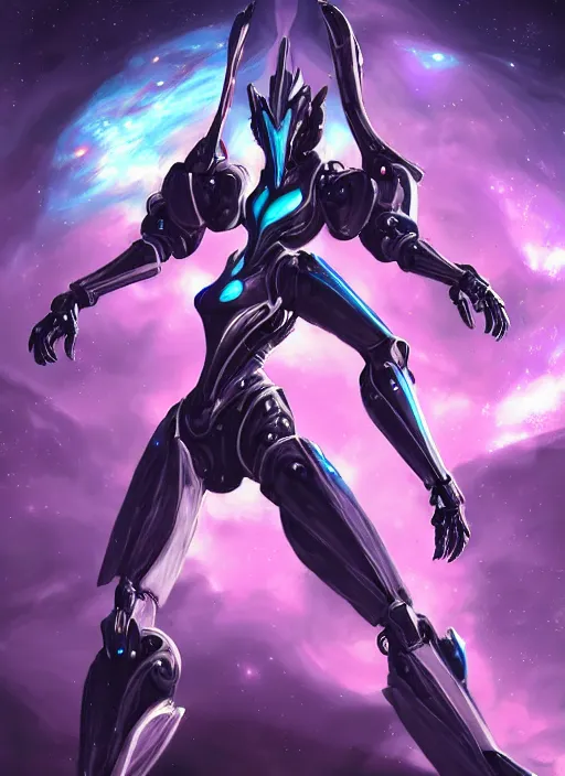 Image similar to cinematic shot, cosmic sized perfectly proportioned stunning beautiful hot female warframe, robot mecha female dragon head, mecha dragon maw, silver armor, fuschia leds, floating in empty space, nebula sized, holding a galaxy, epic proportions, epic size, epic scale, furry art, dragon art, giantess art, warframe fanart, furaffinity, deviantart