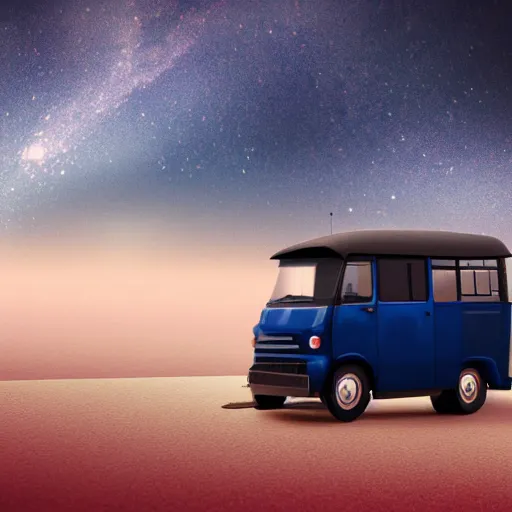 Prompt: a dark blue tuk tuk flying across the night sky, hard science fiction, milky way, moon, matte painting, concept art, 4k