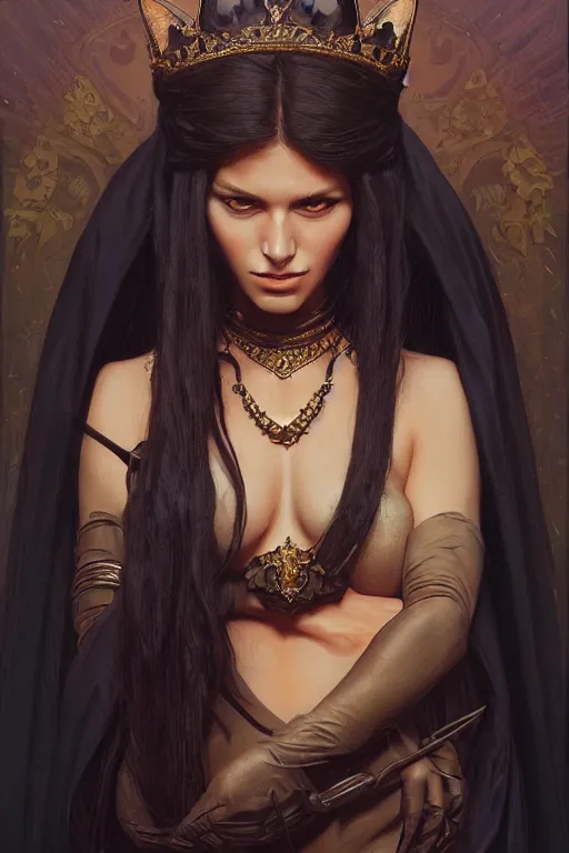 Image similar to portrait of a queen cat gir, dark, piercing eyes, gentle expression, elegant clothing, photorealistic, highly detailed, artstation, smooth, sharp focus, art by michael whelan, artgerm, greg rutkowski and alphonse mucha