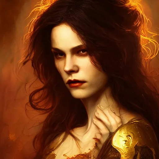 Image similar to majestic gracious regal aristocratic brunette female vampire portrait, atmospheric lighting, painted, menacing, intricate, volumetric lighting, beautiful, rich deep colours masterpiece, golden hour, sharp focus, ultra detailed, by leesha hannigan, ross tran, thierry doizon, kai carpenter, ignacio fernandez rios