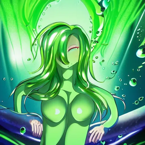 Image similar to a beautiful green slimegirl woman emerging from the center of a pool of slime in a bright white hallways, anime key visual