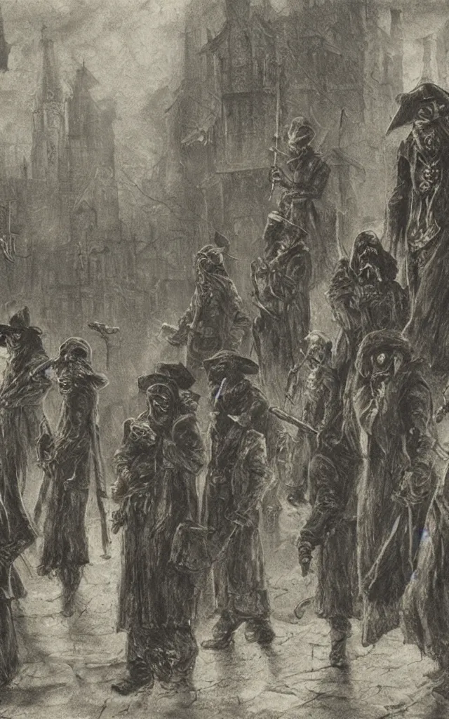 Image similar to a group of creepy plague doctors on the streets of yharnam, daguerreotype, studio lighting, hyperrealistic, ultra detailed