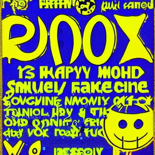 Image similar to psychedelic 1980s uk rave flyer, acid house, smiley face