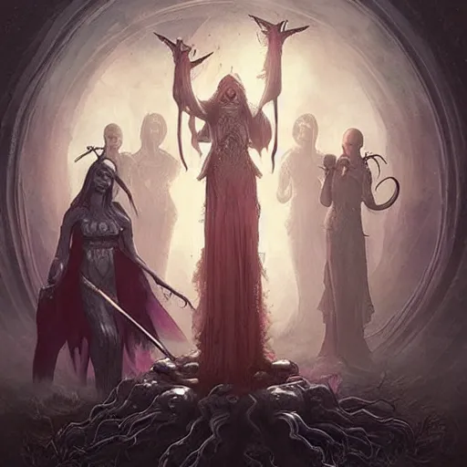 Image similar to female acolytes around demonic summoning circle summoning a demon knight. incredible detail. by tom bagshaw and by magali villeneuve and by wlop