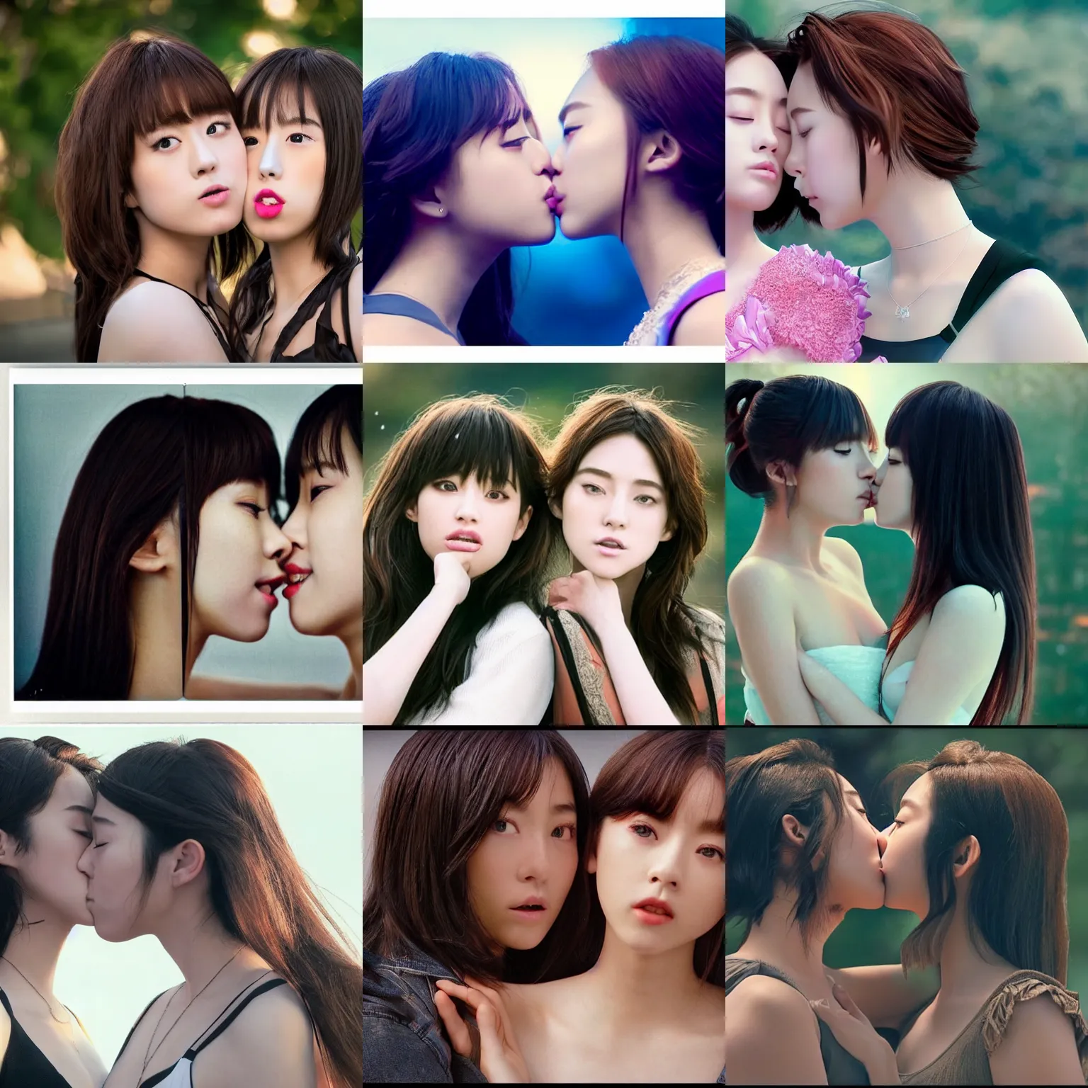 Prompt: unbelievably beautiful, perfect, dynamic, epic, cinematic 8 k hd movie shot, kiss of two japanese beautiful cute young j - pop idols actresses girls, they kiss each other. motion, vfx, inspirational arthouse, high budget, hollywood style, at behance, at netflix, with instagram filters, photoshop, adobe lightroom, adobe after effects, taken with polaroid kodak portra