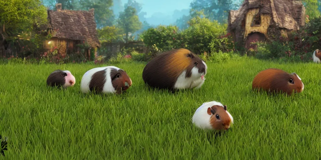 Prompt: a group of guinea pig that are in the grass in front of fairy village, concept art by senior environment artist, cgsociety, furry art, artstation hq, playstation 5 screenshot
