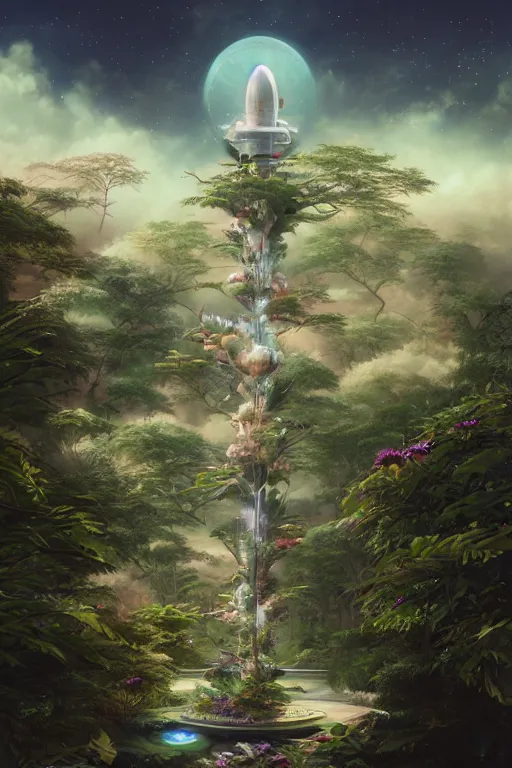 Image similar to multi level spaceship botanical garden in space, by artgerm, tom bagshaw, gerald brom, vaporwave colors, lo - fi colors, vaporwave, lo - fi, moody vibe, goth vibe, rendered by substance designer, cel shading, toon shading, smooth,