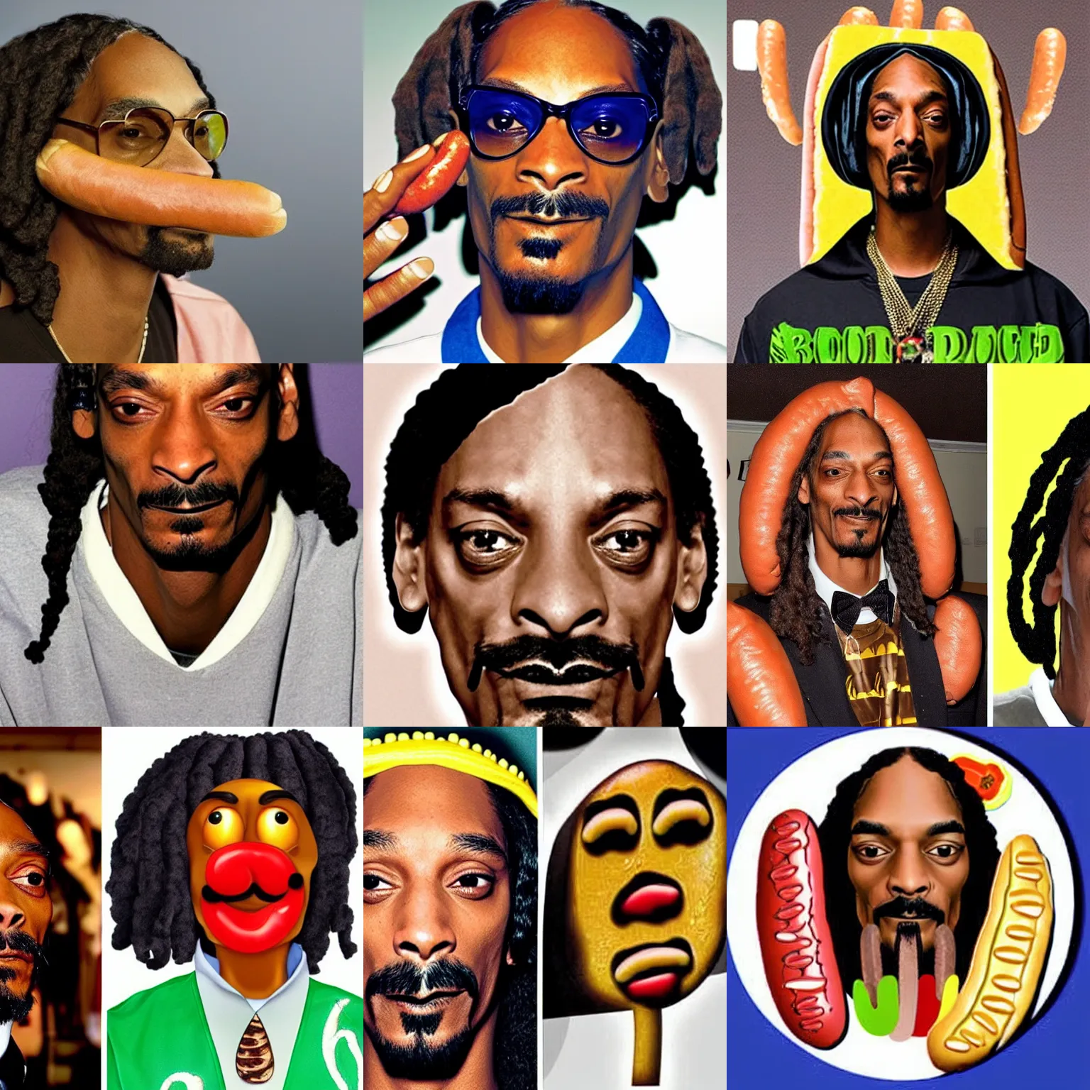 Prompt: snoop dogg's face in the shape of a hot dog,